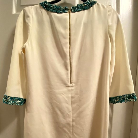 Formal White Stretch Dress with Turquoise Beaded Trim and Long Sleeves - Picture 2 of 3